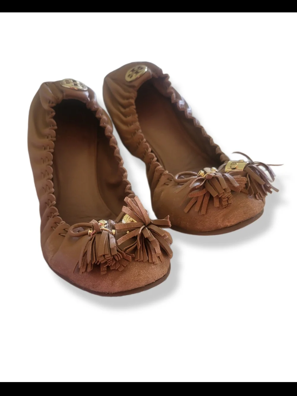 🌿Tory Burch Reese Mestico Royal Tan Leather Tassel Ballet Flats Sz 7